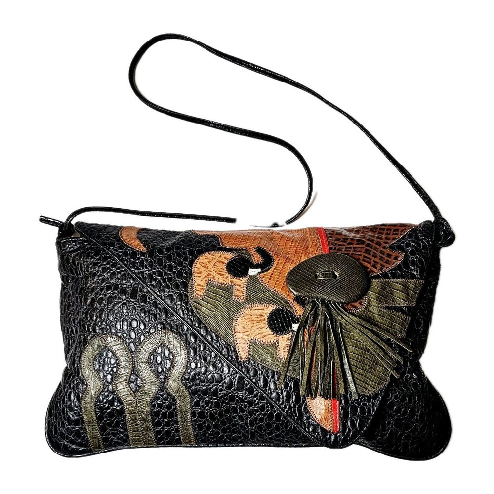 VTG Pinky Crossbody Shoulder Bag Pebble Leather Elephants Tassel Blk 1980s USA! - Picture 3 of 14